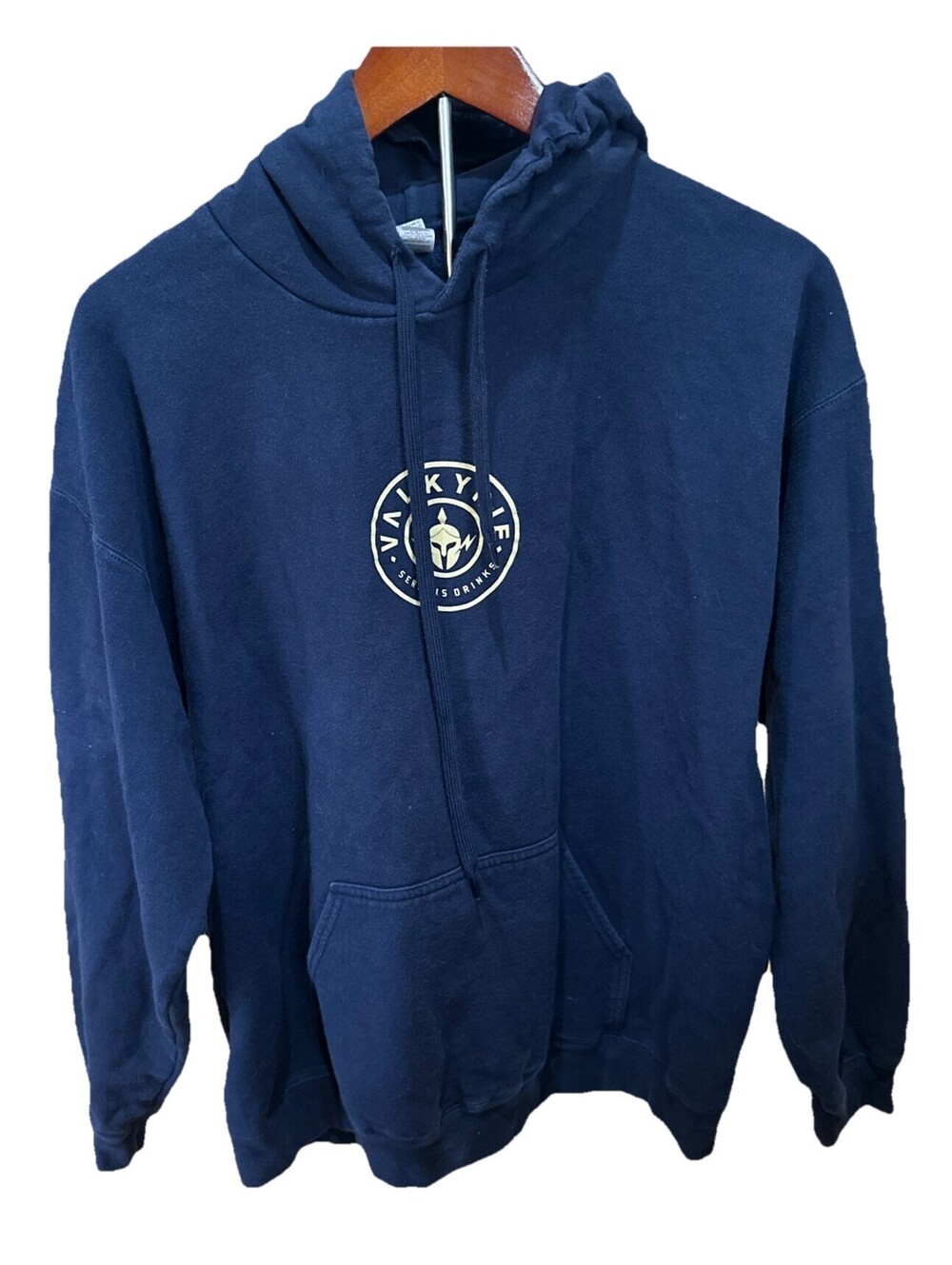 Valkyrie Drinks Graphic Hoodie Size Large Navy Blue